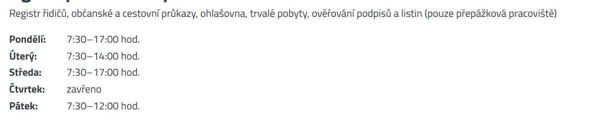Úřední hodiny registru vozidel Blansko — náhled z oficiálního webu