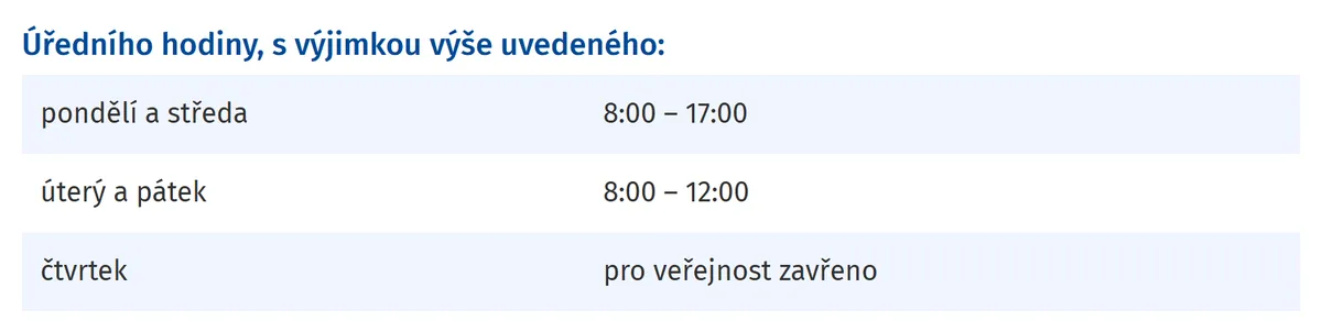 Úřední hodiny registru vozidel Černošice — náhled z oficiálního webu