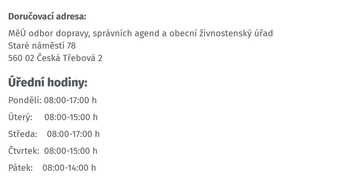 Úřední hodiny registru vozidel Česká Třebová — náhled z oficiálního webu