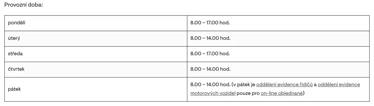 Úřední hodiny registru vozidel Chrudim — náhled z oficiálního webu