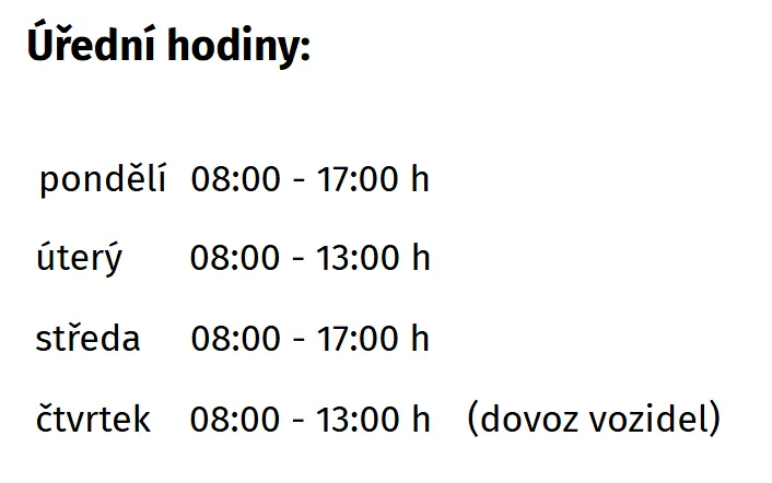 Úřední hodiny registru vozidel Děčín — náhled z oficiálního webu
