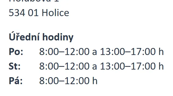 Úřední hodiny registru vozidel Holice — náhled z oficiálního webu