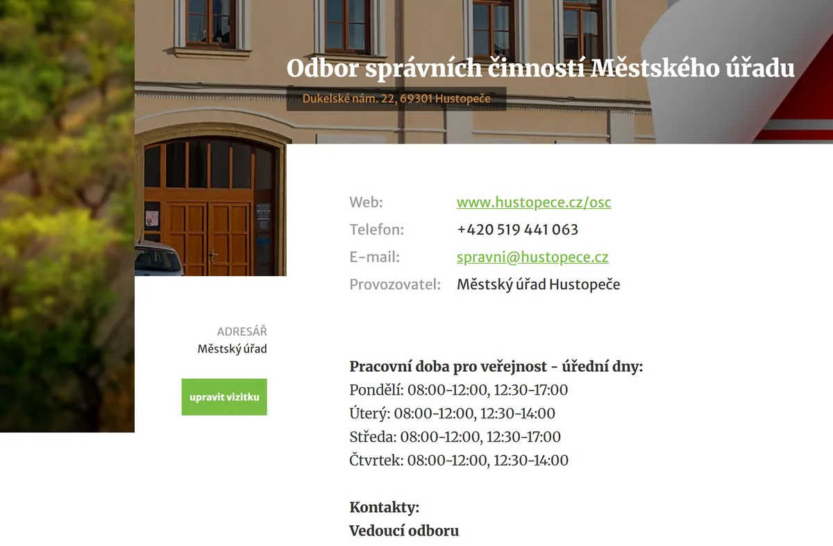 Úřední hodiny registru vozidel Hustopeče — náhled z oficiálního webu