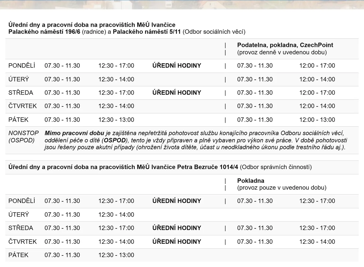 Úřední hodiny registru vozidel Ivančice — náhled z oficiálního webu