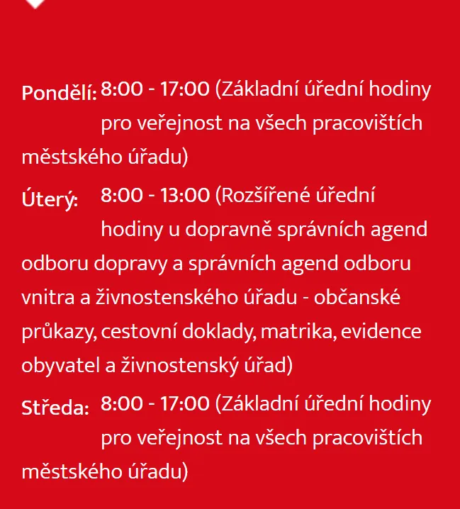 Úřední hodiny registru vozidel Jablunkov — náhled z oficiálního webu