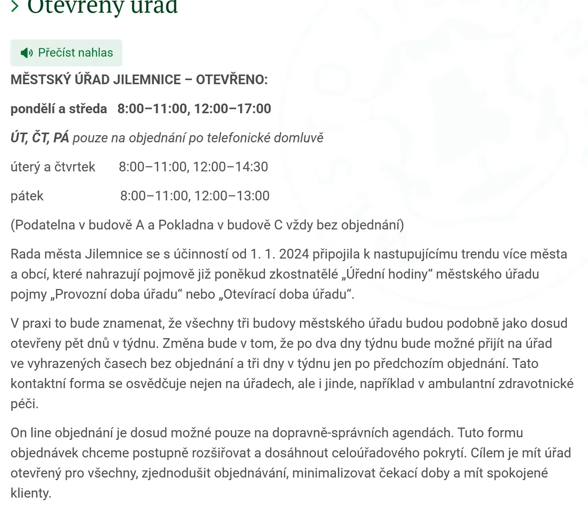 Úřední hodiny registru vozidel Jilemnice — náhled z oficiálního webu