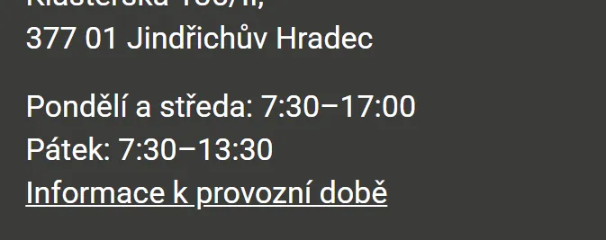 Úřední hodiny registru vozidel Jindřichův Hradec — náhled z oficiálního webu
