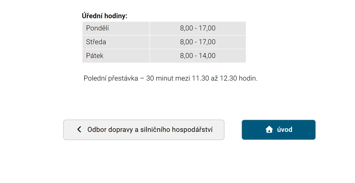 Úřední hodiny registru vozidel Kaplice — náhled z oficiálního webu