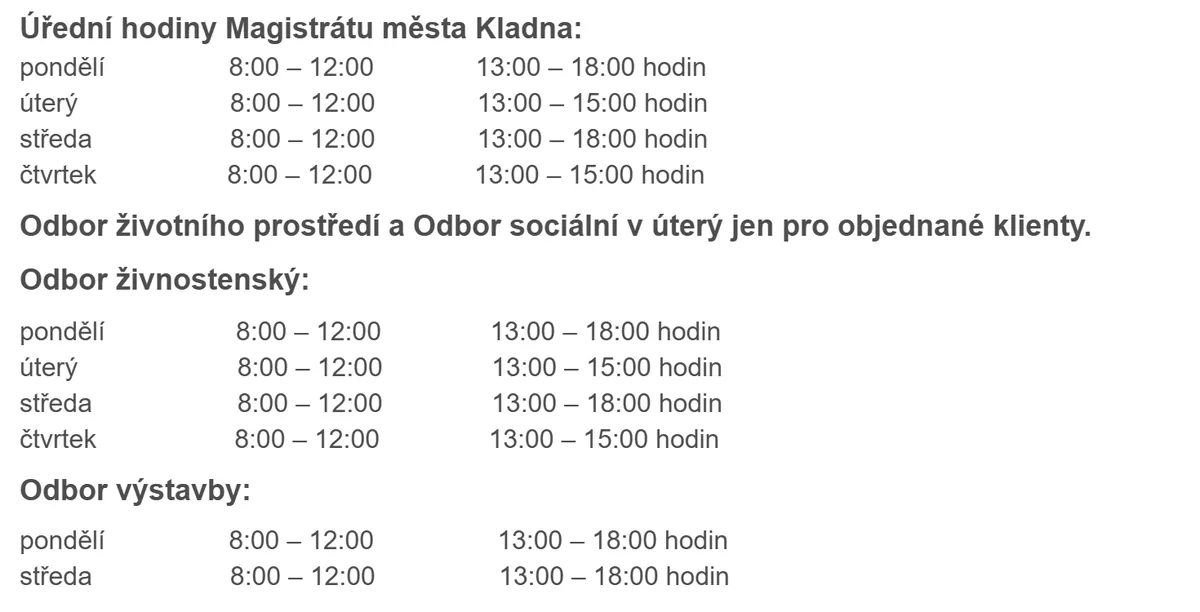 Úřední hodiny registru vozidel Kladno — náhled z oficiálního webu