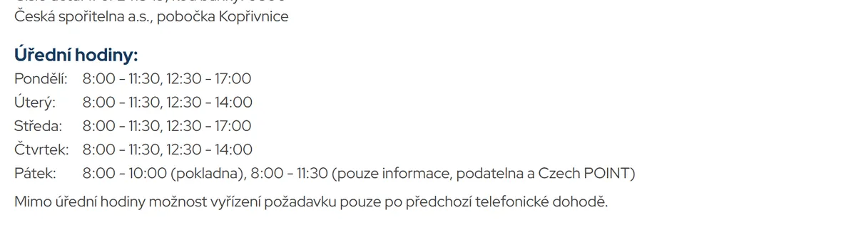 Úřední hodiny registru vozidel Kopřivnice — náhled z oficiálního webu