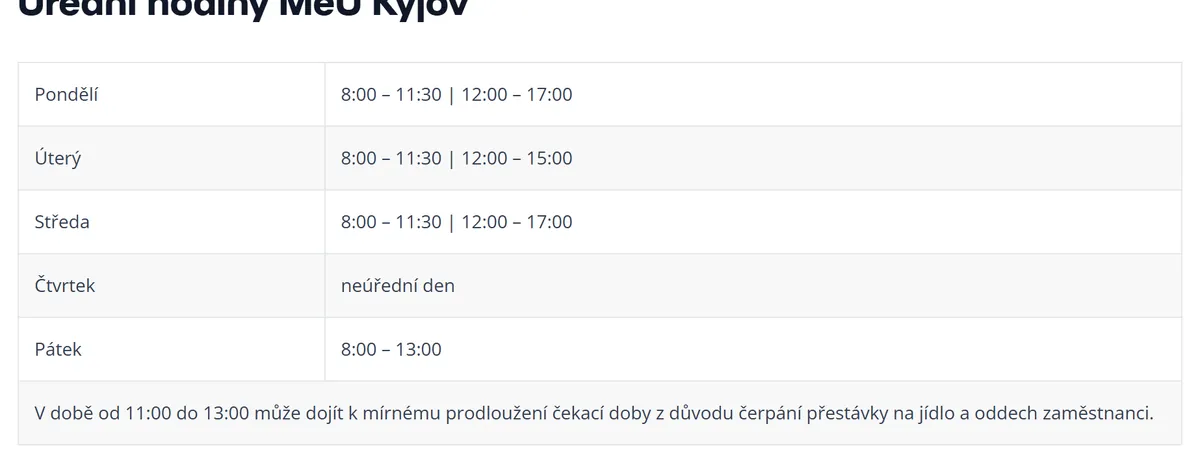 Úřední hodiny registru vozidel Kyjov — náhled z oficiálního webu