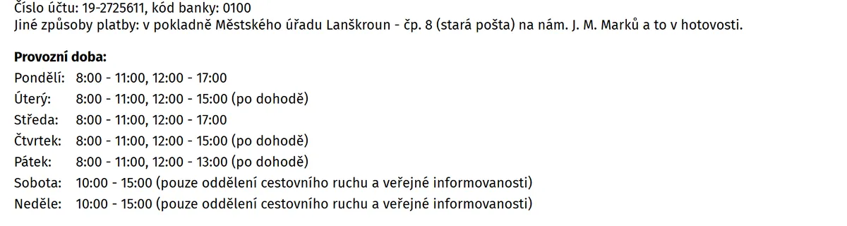 Úřední hodiny registru vozidel Lanškroun — náhled z oficiálního webu
