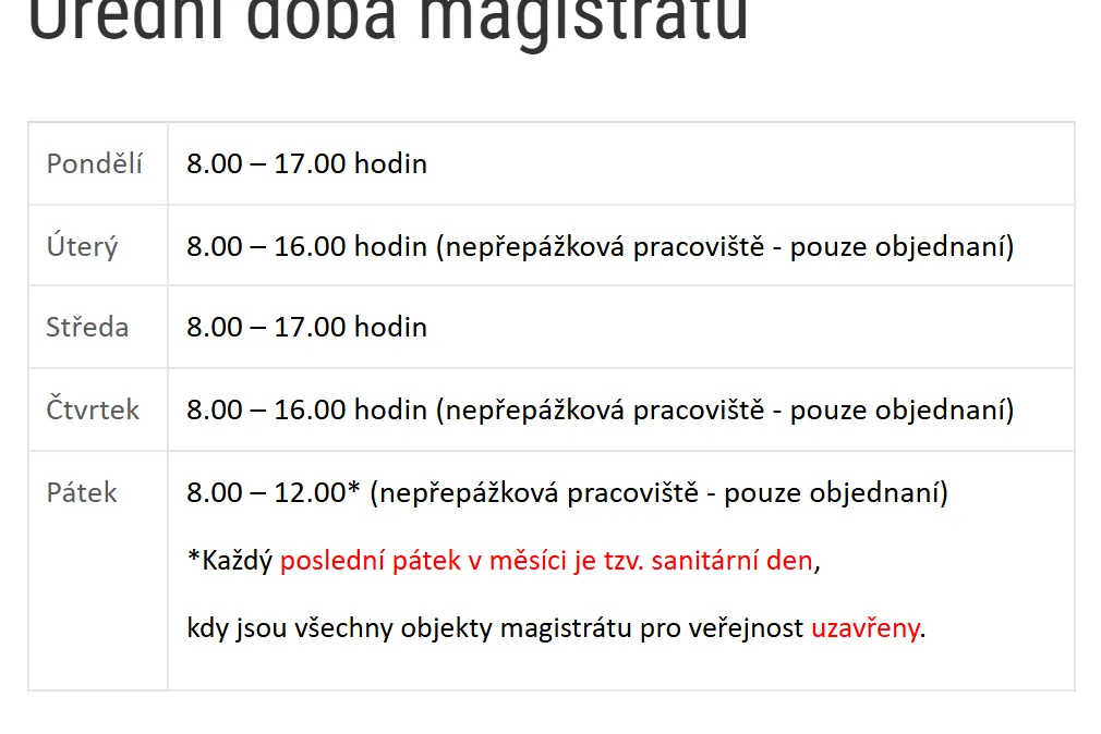 Úřední hodiny registru vozidel Liberec — náhled z oficiálního webu