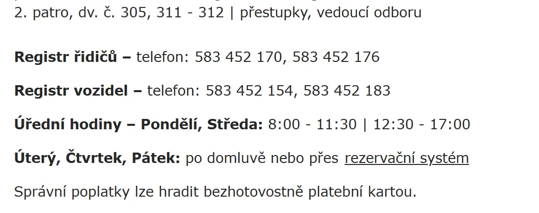 Úřední hodiny registru vozidel Mohelnice — náhled z oficiálního webu