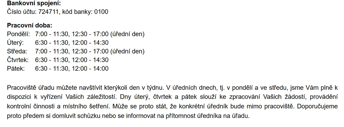 Úřední hodiny registru vozidel Náměšť nad Oslavou — náhled z oficiálního webu