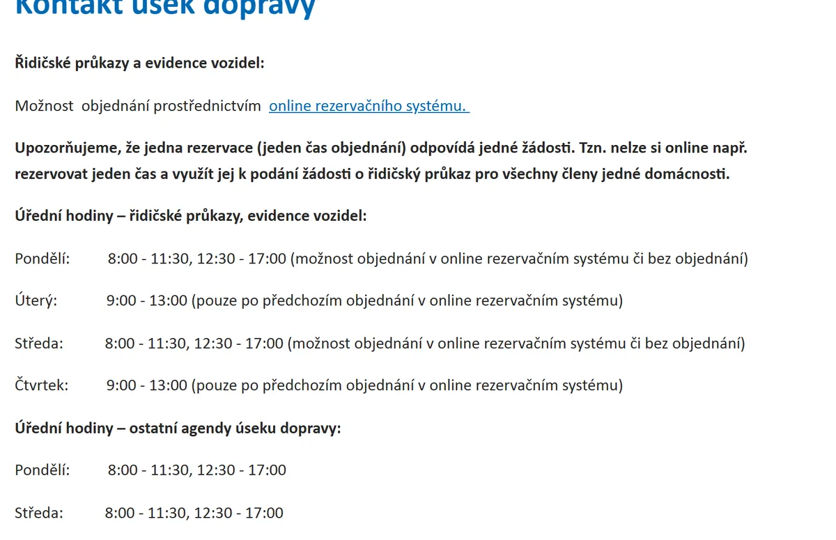 Úřední hodiny registru vozidel Neratovice — náhled z oficiálního webu