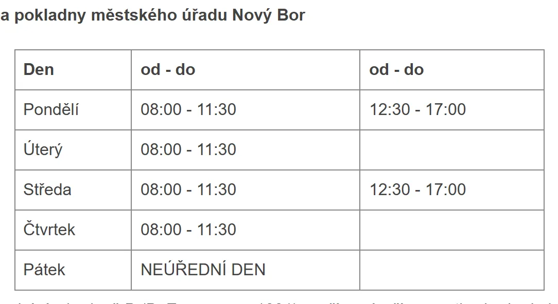Úřední hodiny registru vozidel Nový Bor — náhled z oficiálního webu