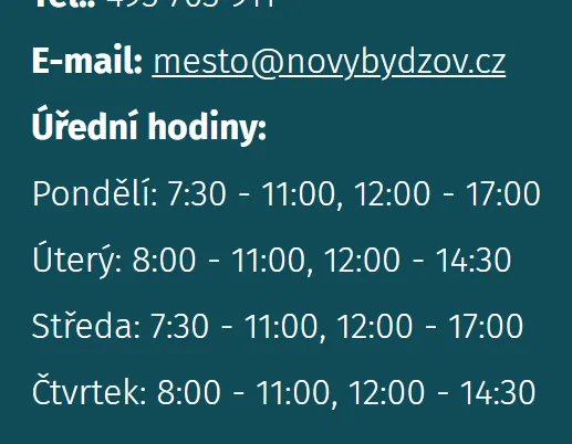 Úřední hodiny registru vozidel Nový Bydžov — náhled z oficiálního webu