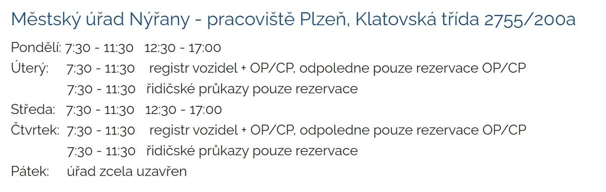 Úřední hodiny registru vozidel Nýřany — náhled z oficiálního webu