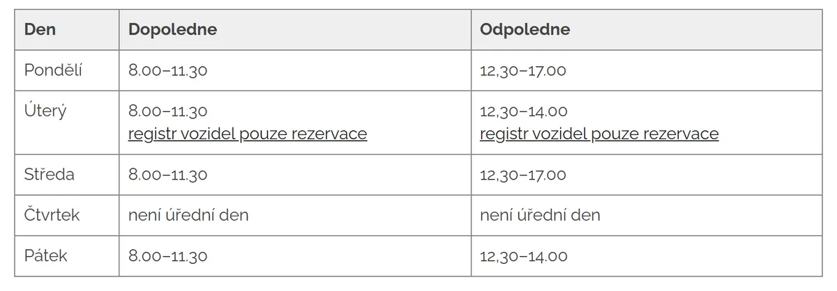 Úřední hodiny registru vozidel Pacov — náhled z oficiálního webu