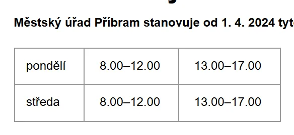 Úřední hodiny registru vozidel Příbram — náhled z oficiálního webu