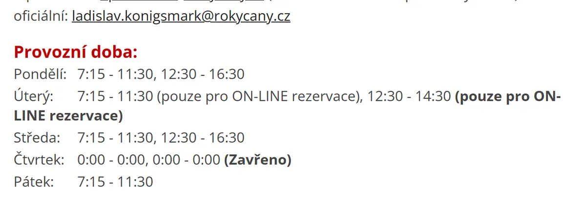 Úřední hodiny registru vozidel Rokycany — náhled z oficiálního webu