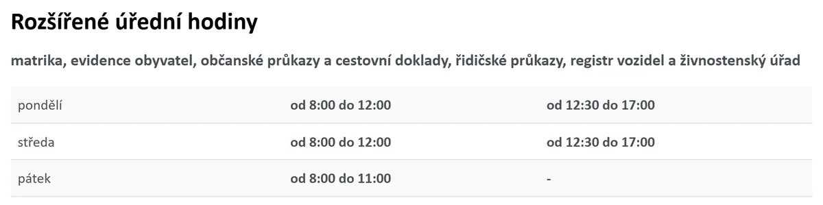 Úřední hodiny registru vozidel Rumburk — náhled z oficiálního webu
