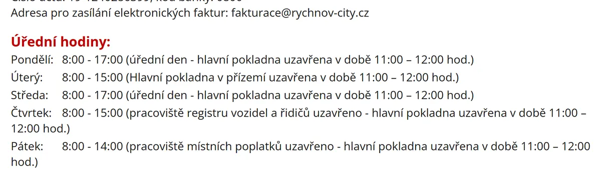 Úřední hodiny registru vozidel Rychnov nad Kněžnou — náhled z oficiálního webu