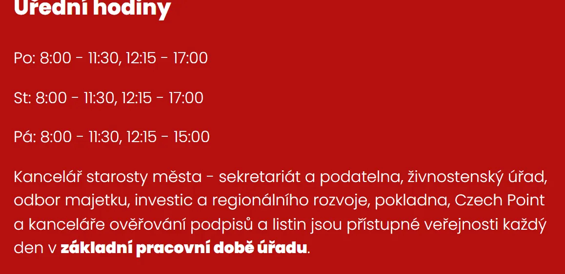 Úřední hodiny registru vozidel Světlá nad Sázavou — náhled z oficiálního webu