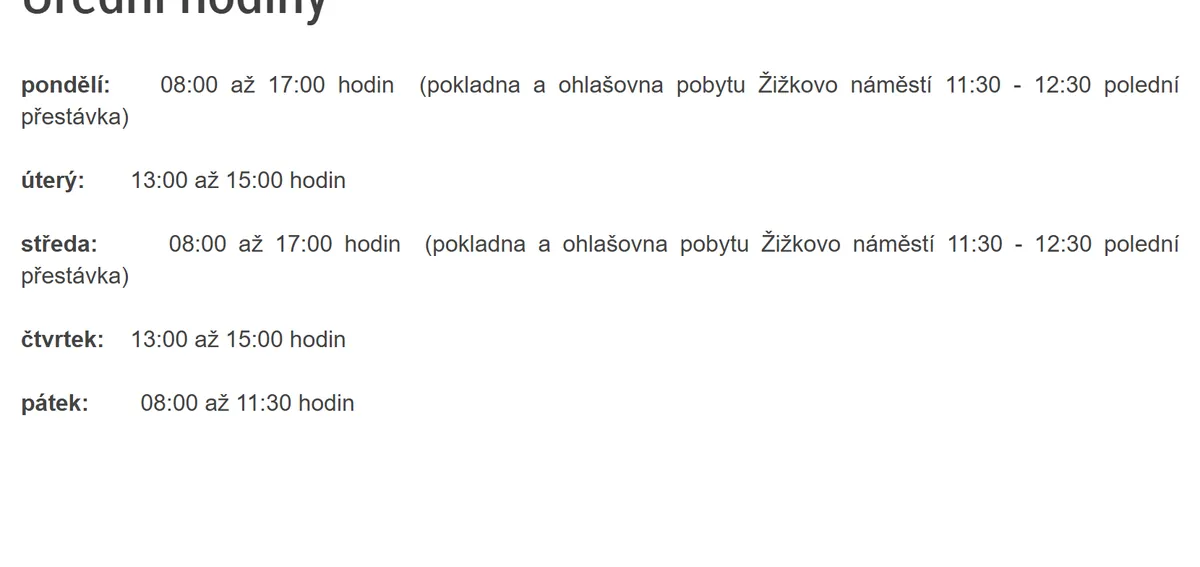 Úřední hodiny registru vozidel Tábor — náhled z oficiálního webu