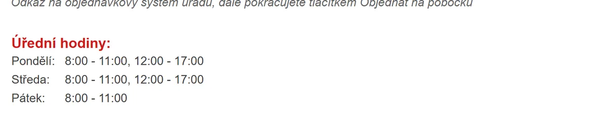 Úřední hodiny registru vozidel Trhové Sviny — náhled z oficiálního webu
