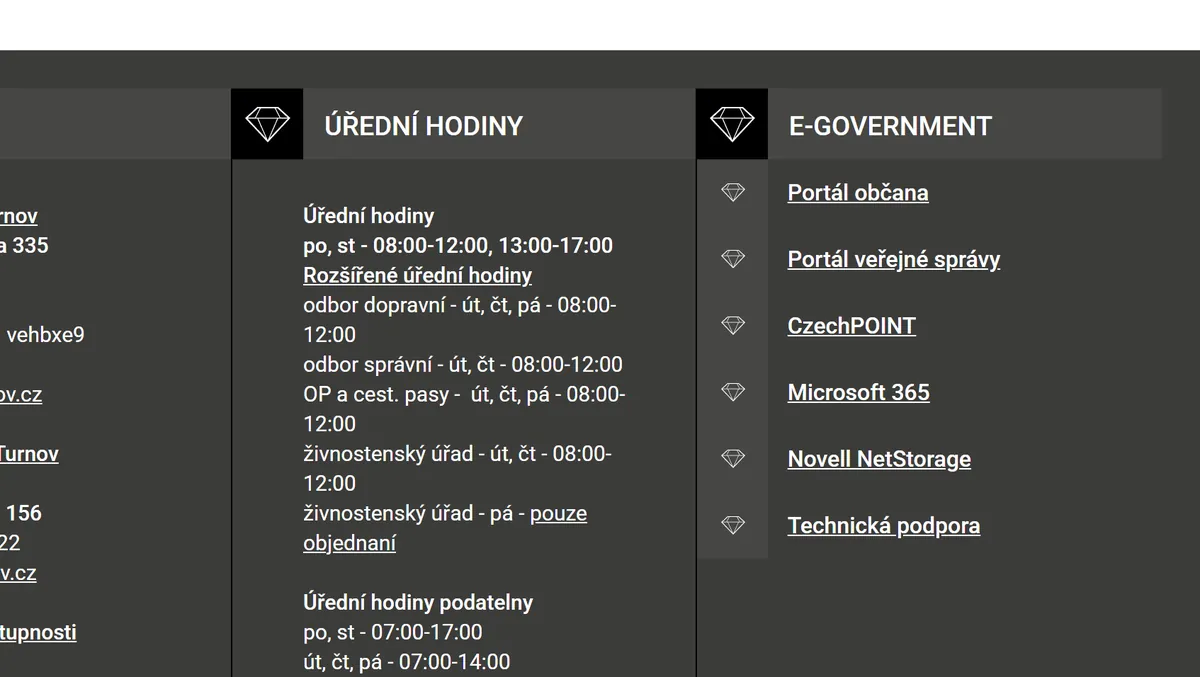 Úřední hodiny registru vozidel Turnov — náhled z oficiálního webu