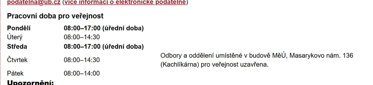 Úřední hodiny registru vozidel Uherský Brod — náhled z oficiálního webu
