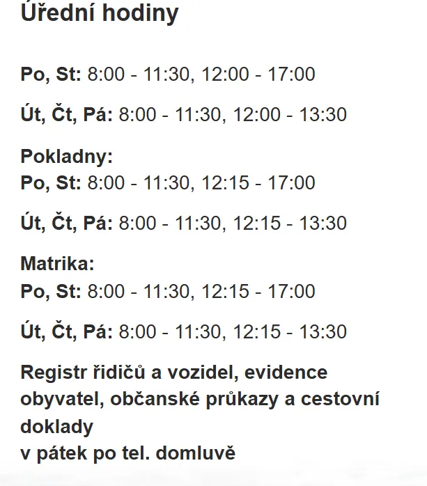 Úřední hodiny registru vozidel Valašské Meziříčí — náhled z oficiálního webu