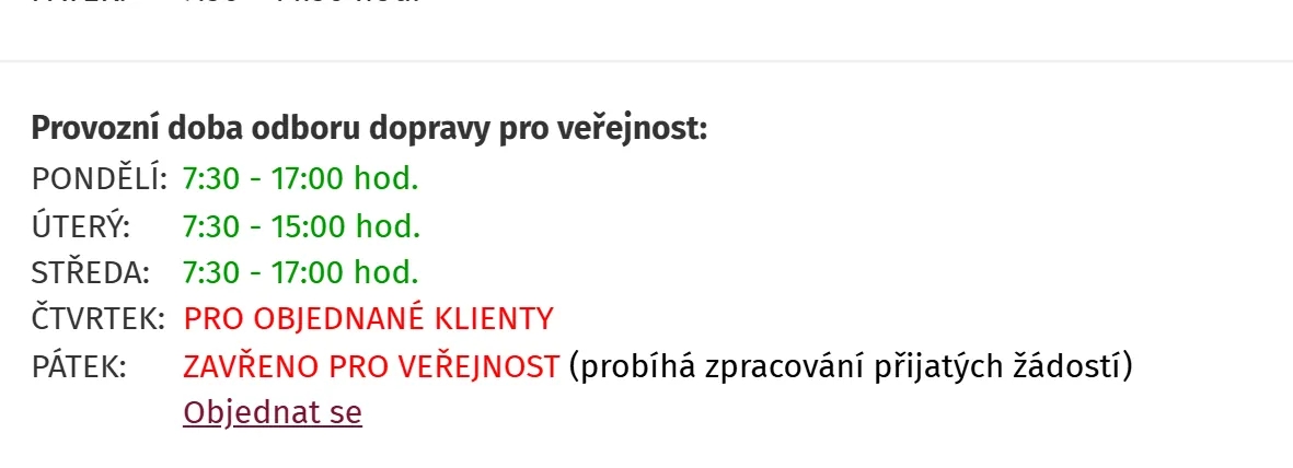 Úřední hodiny registru vozidel Žďár nad Sázavou — náhled z oficiálního webu